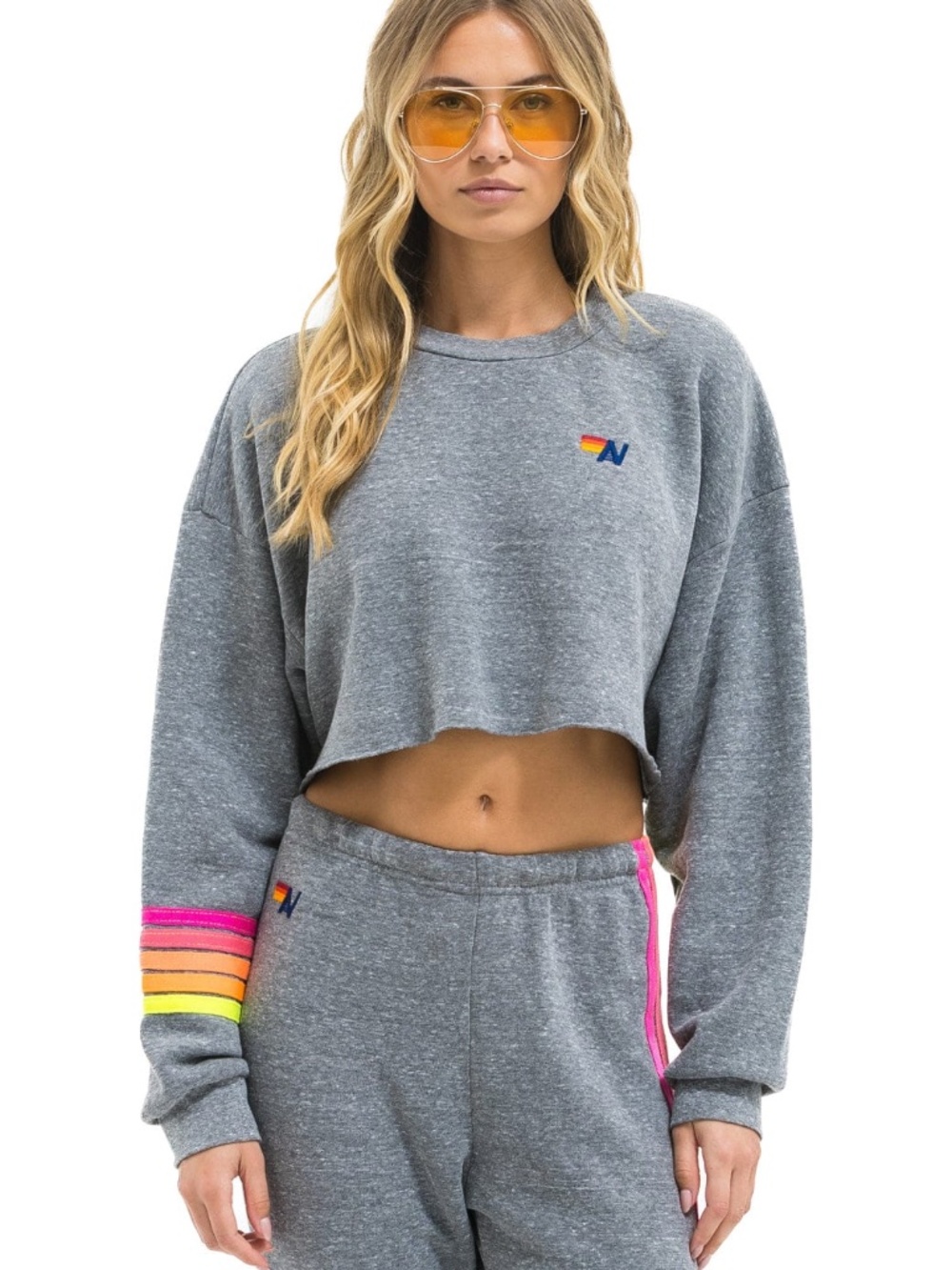 Worn Once - Aviator Nation - Cropped Crew Sweatshirt Relaxed - Gray / Neon XS
